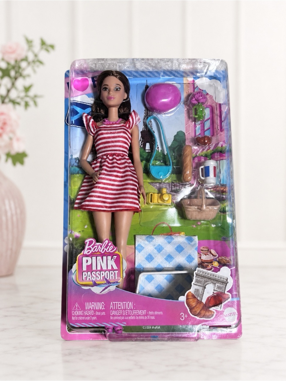 Barbie Pink Passport Travel Doll with Striped Dress and Accessories